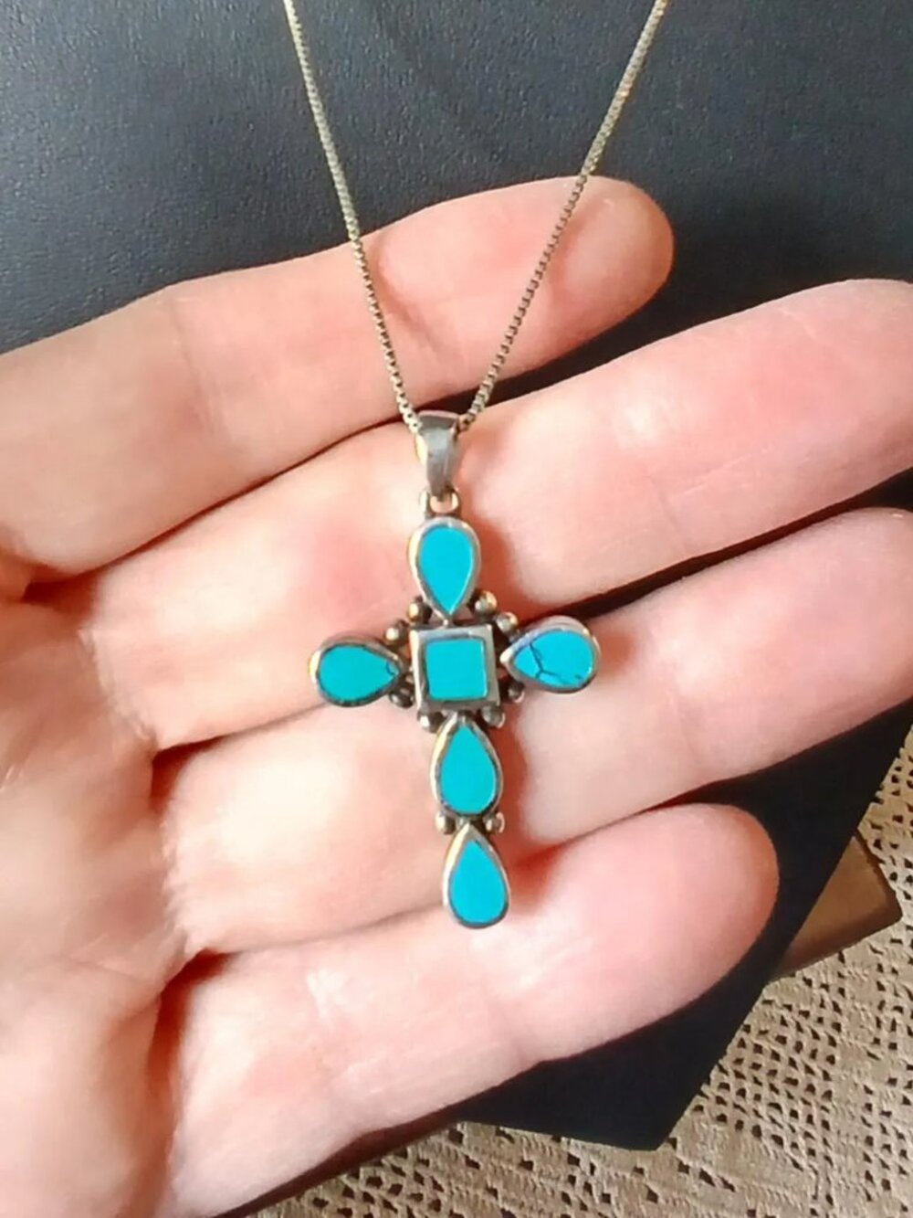Vintage Turquoise Sterling Silver Cross Pendant, Italy 20" Chain